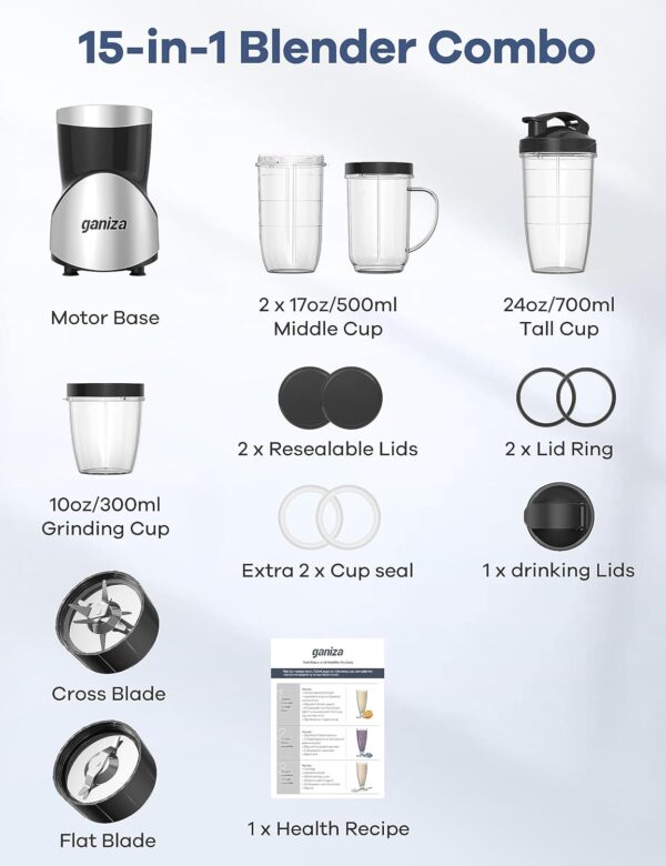 Ganiza Smoothie Blender, 900W Blenders for Shakes and Smoothies, 15-Piece Personal Blender and Grinder Combo for Kitchen, Smoothies Maker with 4 BPA-Free Portable Cup, Nutritious Recipe - Image 7