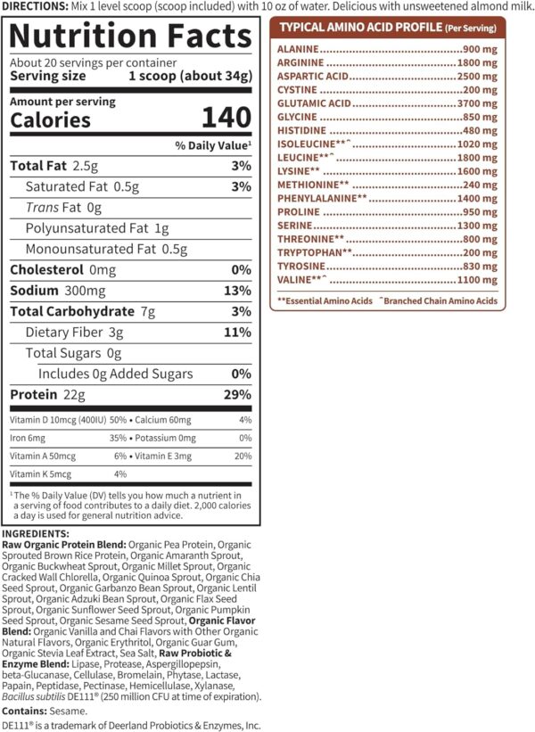 Organic Vegan Vanilla Chai Protein Powder, Garden of Life 22g Plant Based Protein & BCAAs, Organic Protein Powder with Probiotics & Enzymes, Non-GMO, Gluten-Free Lactose Free 1.2 LB - Image 7