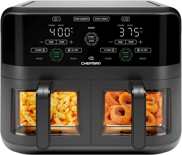 CHEFMAN 6 Quart Dual Basket Air Fryer Oven with Easy View Windows, Sync Finish, Hi-Fry, Auto Shutoff, 2 Independent 3Qt Nonstick Dishwasher Safe Frying Baskets, Digital Double Air Fryer - Black - Image 2