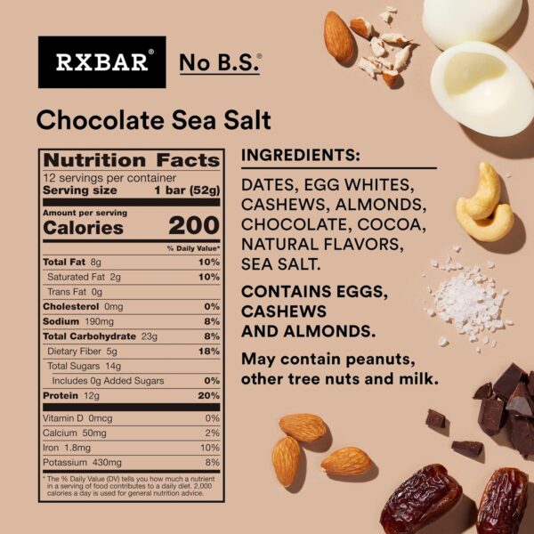 RXBAR Protein Bars, Protein Snack, Snack Bars, Chocolate Sea Salt, 22oz Box (12 Bars) - Image 4