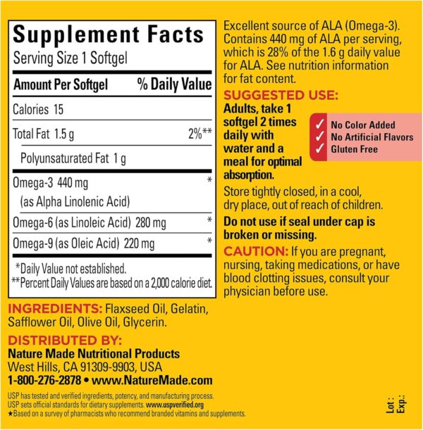 Nature Made Triple Omega 3 6 9 Supplements, Flaxseed, Safflower & Olive Oils, Fish Free Omega 3 Fatty Acid Supplement, 150 Softgels, 75 Day Supply - Image 6