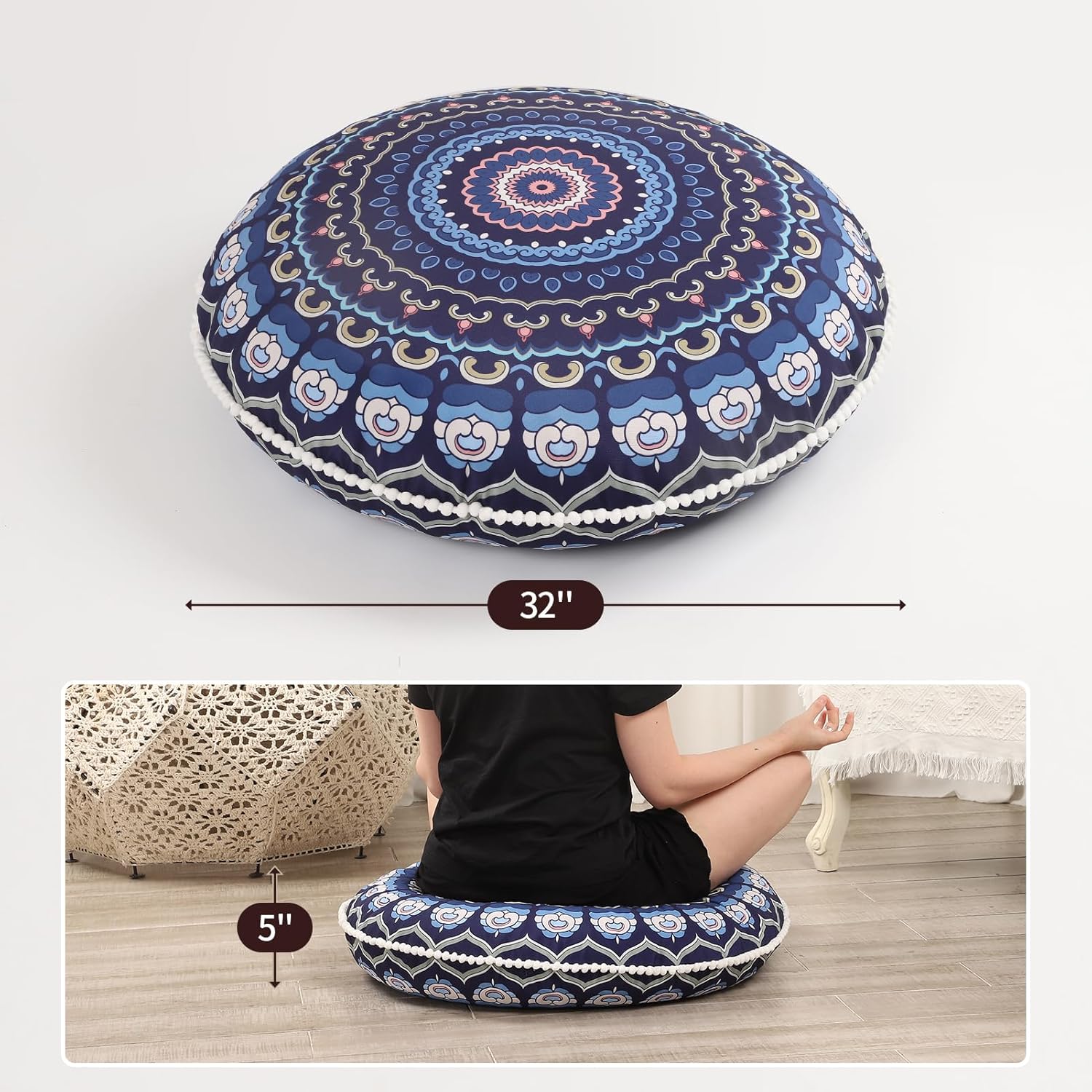 32 inches Meditation Floor Cushion for Adults, Round Large Thick Floor Pillow, Memory Foam Filling, Navy Blue - Image 4