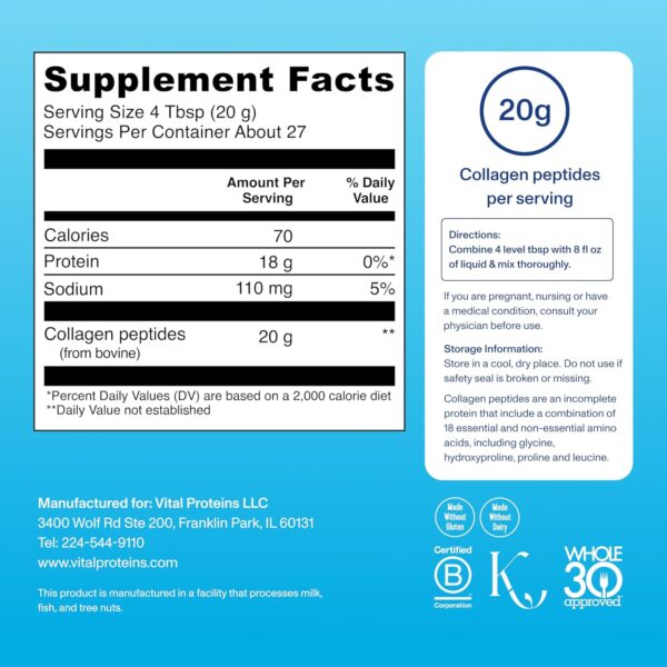 Vital Proteins Collagen Peptides Powder - Grass Fed Collagen Peptides for Hair, Nail, Skin, Bone & Joint Health, Unflavored, 27 Servings - Image 5
