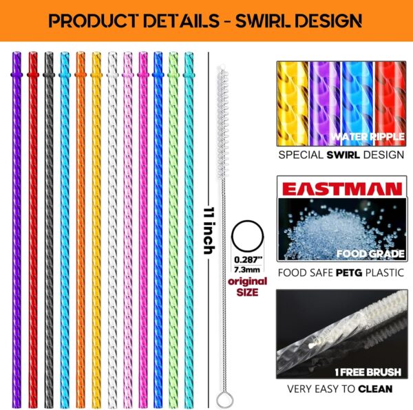 ALINK 12-Pack Reusable Plastic Clear Swirl Straws, 11" Long Colorful Hard Plastic Tumbler Replacement Straws for 16 OZ 20 OZ 30 OZ Stanley, YETI, Starbucks, Owala Tumblers with Brush - Image 3