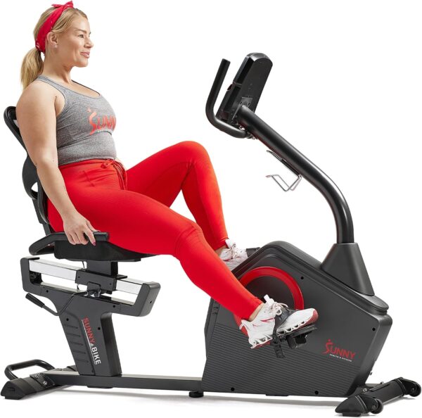 Sunny Health & Fitness Programmable 16 Levels Electro-Magnetic Resistance Recumbent Exercise Bike with 24 Pre-Build Workouts and 300 lbs Weight Capacity, Optional Free SunnyFit App Bluetooth Connect - Image 2