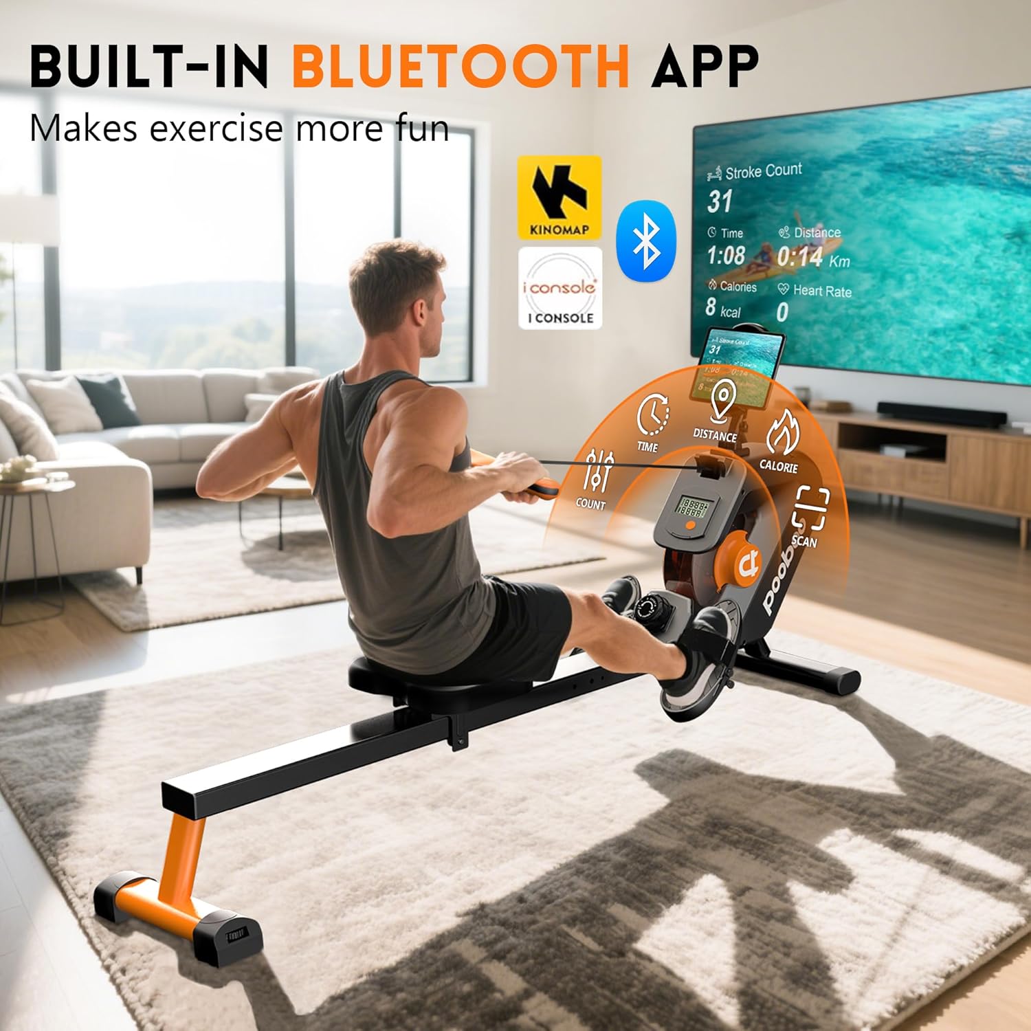 pooboo rowing machine, Max 350 LBS Magnetic Rower with LCD Monitor, Tablet Holder, Upgraded Rowing machines for home use - Image 4