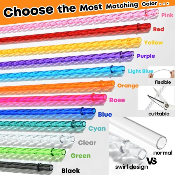 ALINK 12-Pack Reusable Plastic Clear Swirl Straws, 11" Long Colorful Hard Plastic Tumbler Replacement Straws for 16 OZ 20 OZ 30 OZ Stanley, YETI, Starbucks, Owala Tumblers with Brush - Image 5