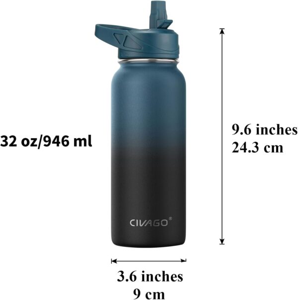 CIVAGO 32 oz Insulated Water Bottle With Straw, Stainless Steel Sports Water Cup Flask with 3 Lids (Straw, Spout and Handle Lid), Wide Mouth Travel Thermal Mug, Black - Image 5