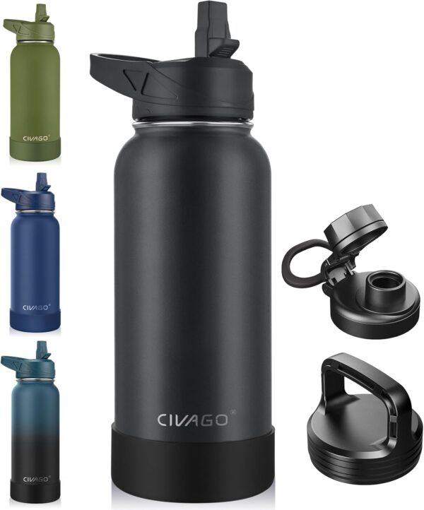 CIVAGO 32 oz Insulated Water Bottle With Straw, Stainless Steel Sports Water Cup Flask with 3 Lids (Straw, Spout and Handle Lid), Wide Mouth Travel Thermal Mug, Black - Image 2