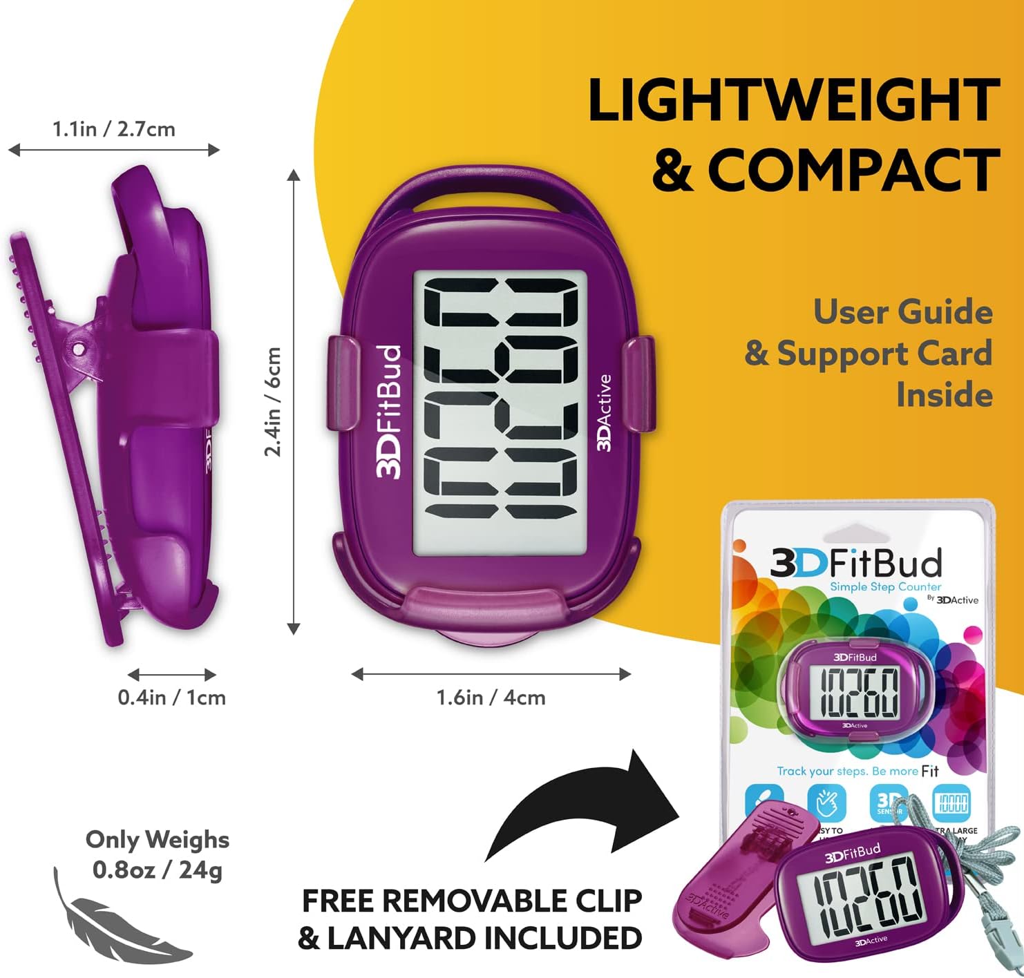 3DFitBud Simple Step Counter Walking 3D Pedometer from 3DActive with Clip & Lanyard - A420S - Image 7