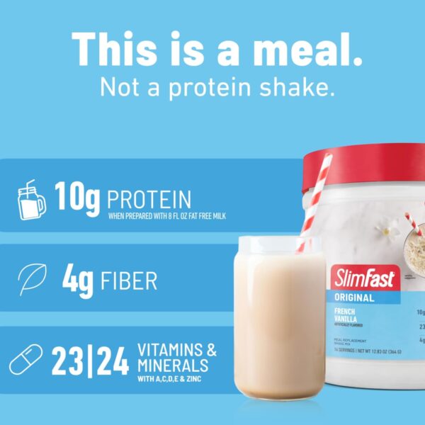 SlimFast Meal Replacement Powder, Original French Vanilla, Weight Loss Shake Mix, 10g of Protein, 22 Servings (Packaging May Vary) - Image 6