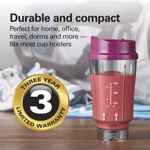 Hamilton Beach Portable Blender for Shakes and Smoothies with 14 Oz BPA Free Travel Cup and Lid, Durable Stainless Steel Blades for Powerful Blending Performance, Raspberry (51131) - Image 6