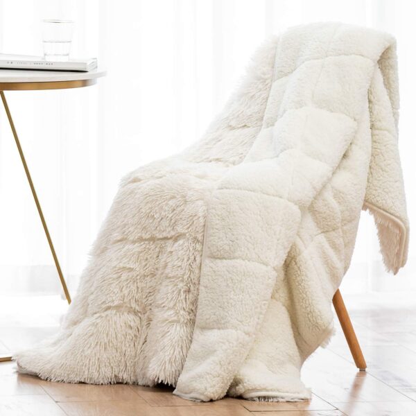 Wemore Shaggy Long Fur Faux Fur Weighted Blanket, Cozy and Fluffy Plush Sherpa Long Hair Blanket for Adult 15lbs, Fluffy Fuzzy Sherpa Reverse Heavy Blankets for Bed, Couch, Cream White, 48 x 72 Inches - Image 2
