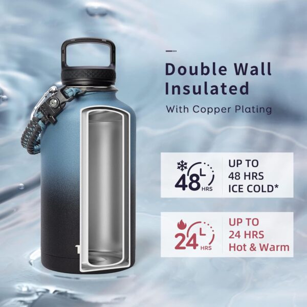 Trebo Water Bottle 64oz with Paracord Handle, Half Gallon Large Vacuum Double Wall Stainless Steel Insulated Water Jug with Holder Strap Straw Spout Lids, Leakproof Keep Cold & Hot, Indigo/Black - Image 3
