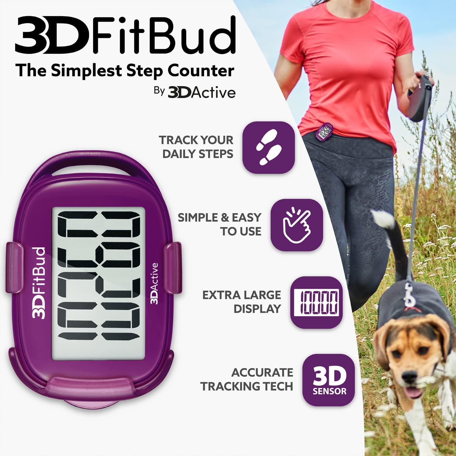 3DFitBud Simple Step Counter Walking 3D Pedometer from 3DActive with Clip & Lanyard - A420S - Image 3