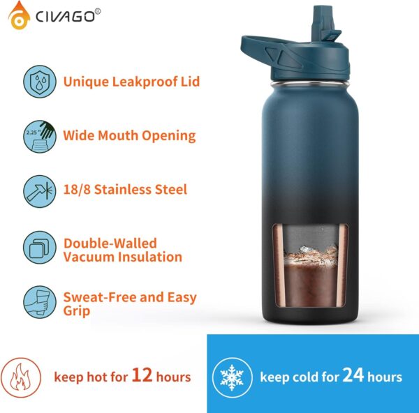 CIVAGO 32 oz Insulated Water Bottle With Straw, Stainless Steel Sports Water Cup Flask with 3 Lids (Straw, Spout and Handle Lid), Wide Mouth Travel Thermal Mug, Black - Image 4