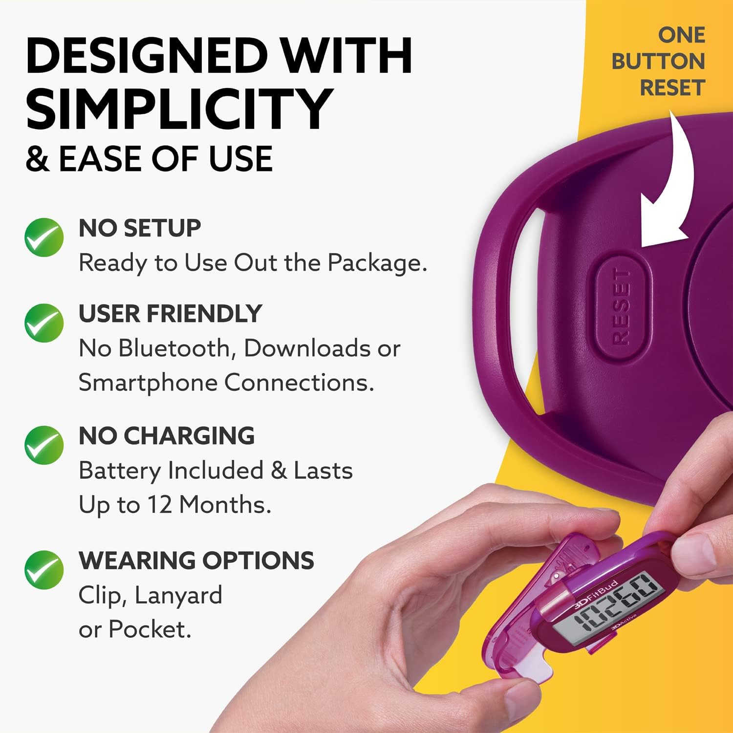 3DFitBud Simple Step Counter Walking 3D Pedometer from 3DActive with Clip & Lanyard - A420S - Image 4
