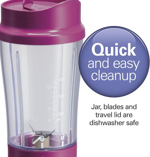 Hamilton Beach Portable Blender for Shakes and Smoothies with 14 Oz BPA Free Travel Cup and Lid, Durable Stainless Steel Blades for Powerful Blending Performance, Raspberry (51131) - Image 5