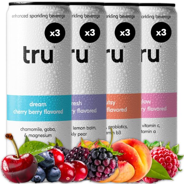 Tru Recovery Seltzer, Variety Pack Sparkling Water with Real Fruit Juice – Immune Support, Sleep & Detox Drinks, Caffeine-Free, Kosher, Gluten-Free, No Added Sugar, 12oz (Pack of 12) - Image 2