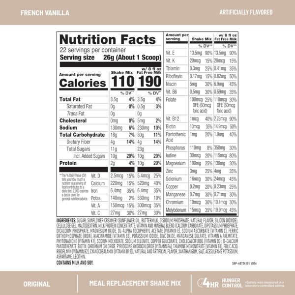 SlimFast Meal Replacement Powder, Original French Vanilla, Weight Loss Shake Mix, 10g of Protein, 22 Servings (Packaging May Vary) - Image 4
