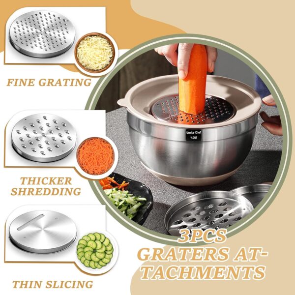 Mixing Bowls with Airtight Lids Set, 26PCS Stainless Steel Khaki Bowls with Grater Attachments, Non-Slip Bottoms & Kitchen Gadgets Set, Size 7, 4, 2.5, 2.0,1.5, 1QT, Great for Mixing & Serving - Image 4