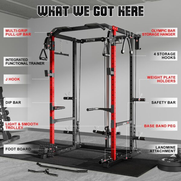 R1-V4 Power Cage Rack, 2000LB Squat Rack with Cable Crossover System, Multi-Function Weight Cage, Home Gym Workout Machine with More Training Attachments - Image 4
