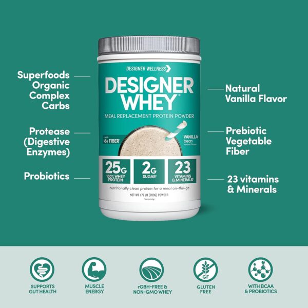 Designer Wellness, Designer Whey Protein Meal Replacement Powder, Organic Superfood Complex Carbs, Vitamins, Minerals, Gluten-Free, Vanilla Bean, 1.72 Pound - Image 4