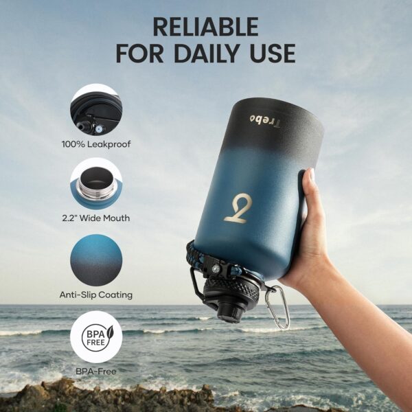 Trebo Water Bottle 64oz with Paracord Handle, Half Gallon Large Vacuum Double Wall Stainless Steel Insulated Water Jug with Holder Strap Straw Spout Lids, Leakproof Keep Cold & Hot, Indigo/Black - Image 6
