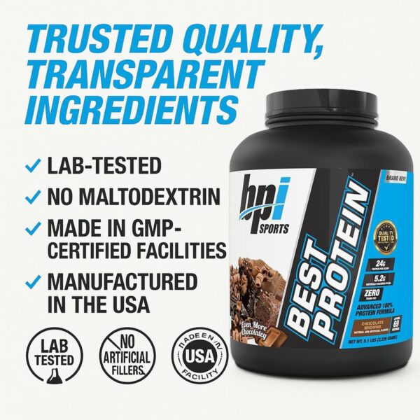 BPI Sports Best Protein – 100% Whey Protein Powder – Muscle Growth, Recovery, Meal Replacement – No Fillers, Gluten Free – Best Protein Powder for Men & Women | Chocolate Brownie – 5.1 Pounds - Image 8