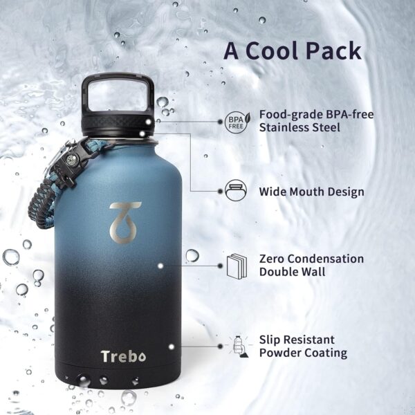 Trebo Water Bottle 64oz with Paracord Handle, Half Gallon Large Vacuum Double Wall Stainless Steel Insulated Water Jug with Holder Strap Straw Spout Lids, Leakproof Keep Cold & Hot, Indigo/Black - Image 7