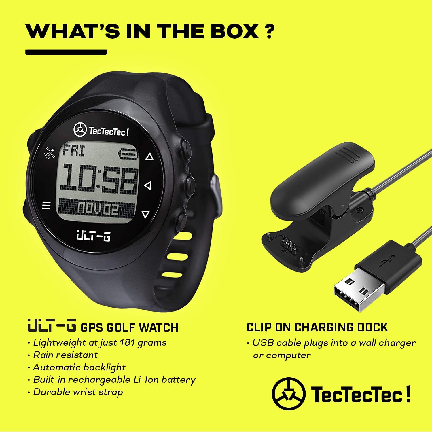 TecTecTec ULT-G Stylish, Lightweight and Multi-Functional Golf GPS Watch, Durable Wrist Band with LCD Display, Worldwide Preloaded Courses - Black - Image 4