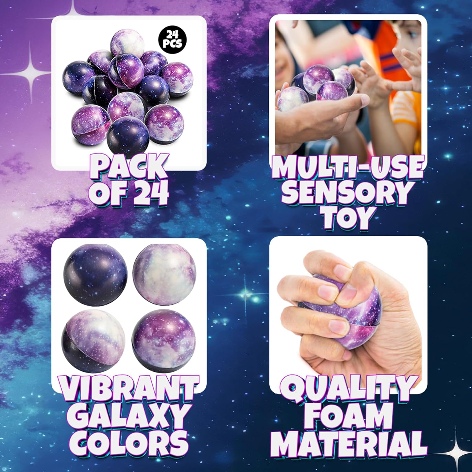 Galaxy Stress Balls for Kids - Pack of 24 Bulk - Squeeze Anxiety Fidget Sensory Balls for Children with Outer Space Theme, Toys for Party Favors and Birthday Party Supplies - Image 4