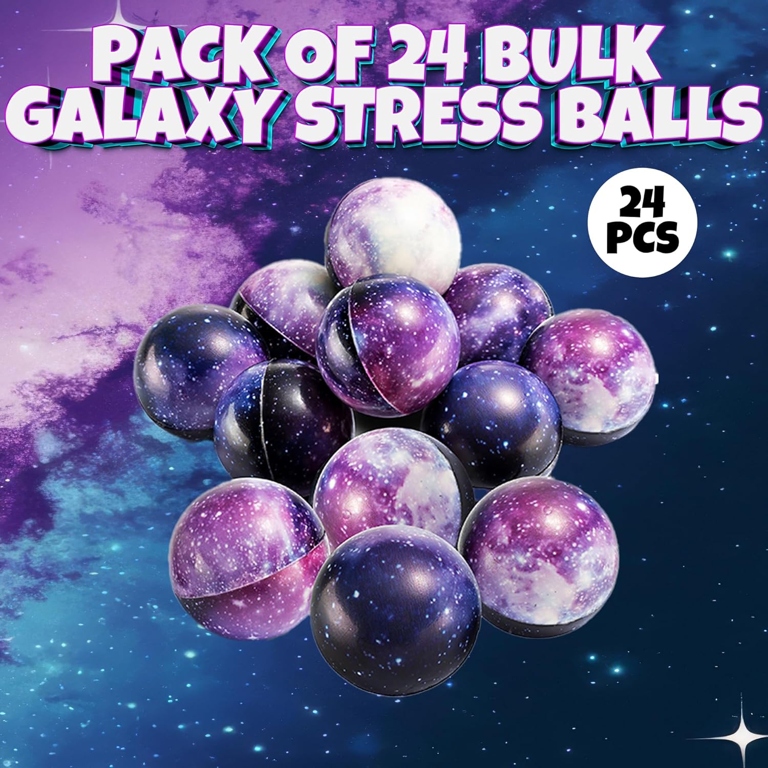 Galaxy Stress Balls for Kids - Pack of 24 Bulk - Squeeze Anxiety Fidget Sensory Balls for Children with Outer Space Theme, Toys for Party Favors and Birthday Party Supplies - Image 5