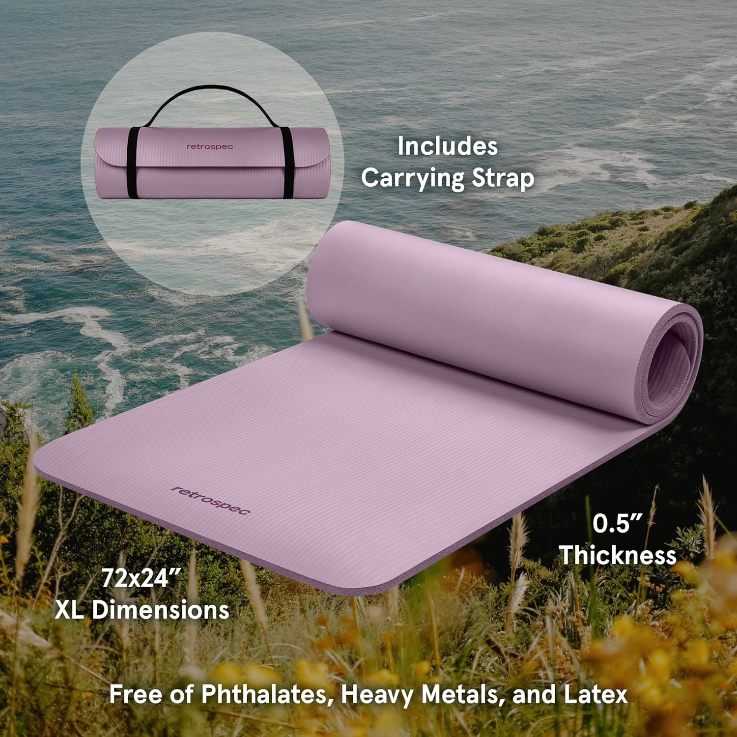 Retrospec Solana Yoga Mat 1/2" Thick w/Nylon Strap for Men & Women - Non Slip Exercise Mat for Yoga, Pilates, Stretching, Floor & Fitness Workouts - Image 3