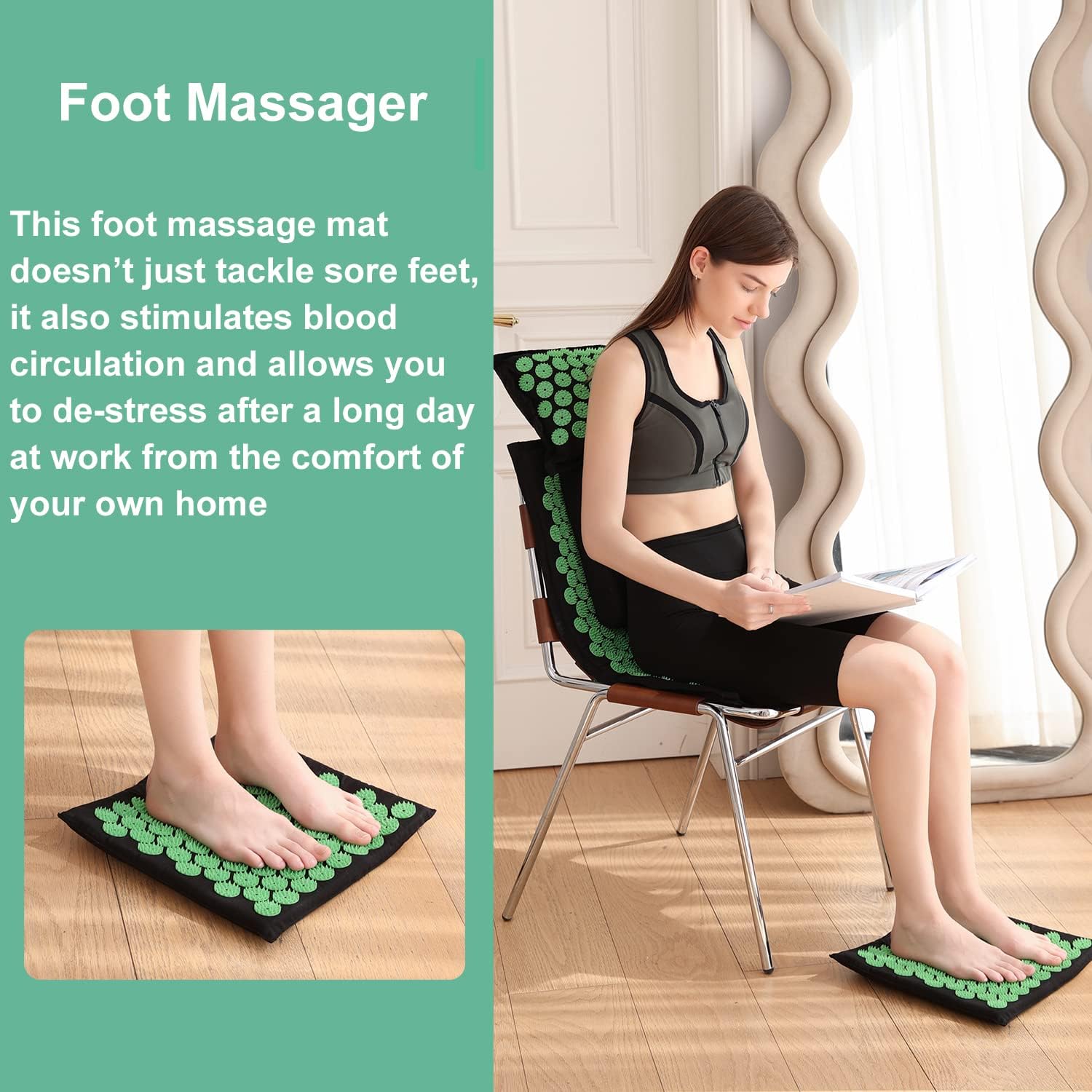 XiaoMaGe Acupressure Mat and Pillow Set with Carrying Bag - Acupuncture Mat for Neck & Back Pain Relief - Foot Manual Massager - Naturally Relaxation Gift - Stress Relief Massage Mat (Black) - Image 5