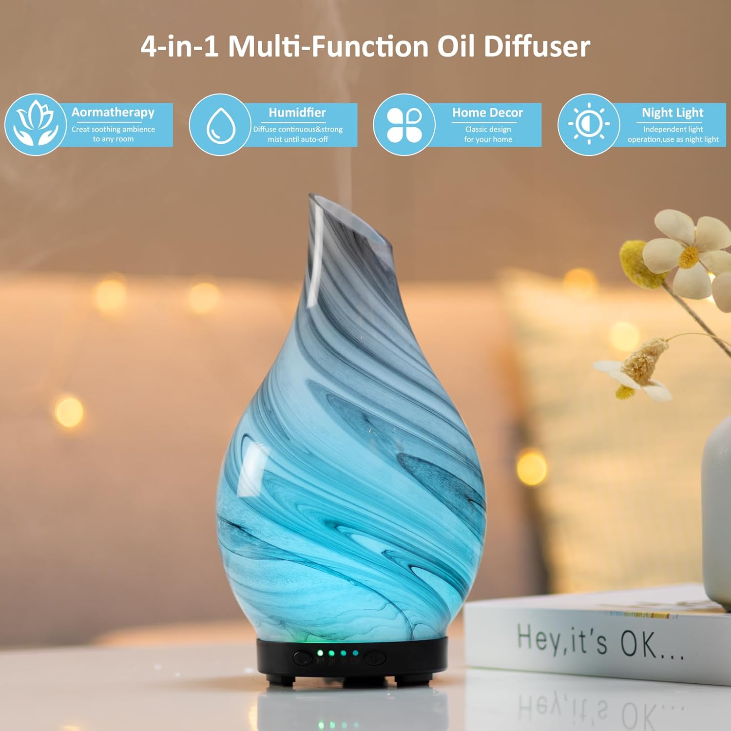 Essential Oil Diffuser 120ml Ultrasonic Aromatherapy Diffuser with Handmade Glass BPA Free Waterless Auto-Off, 4 Timer Setting 7 Colors Changed LED for Home Yoga Office - Image 5