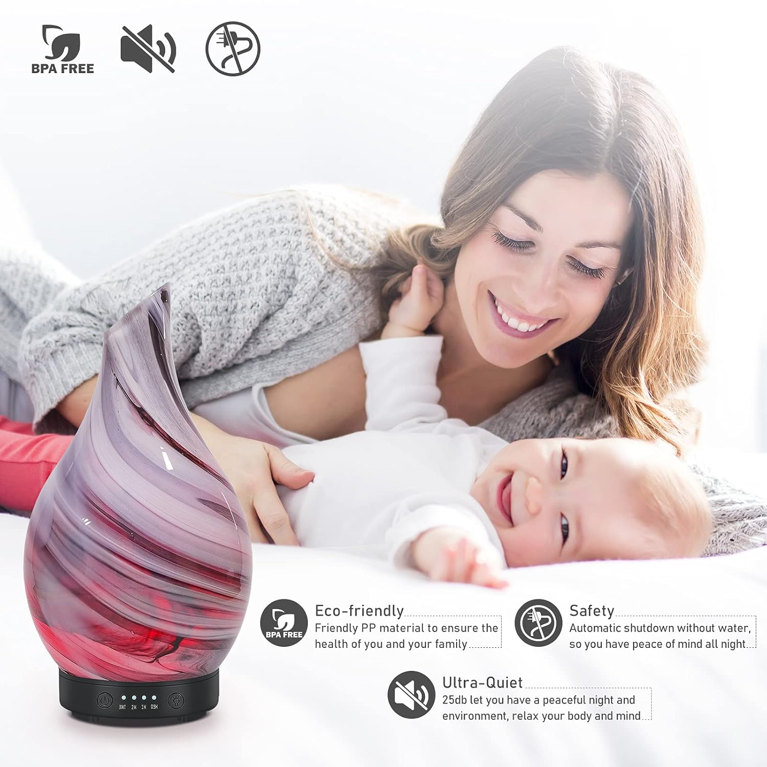 Essential Oil Diffuser 120ml Ultrasonic Aromatherapy Diffuser with Handmade Glass BPA Free Waterless Auto-Off, 4 Timer Setting 7 Colors Changed LED for Home Yoga Office - Image 7