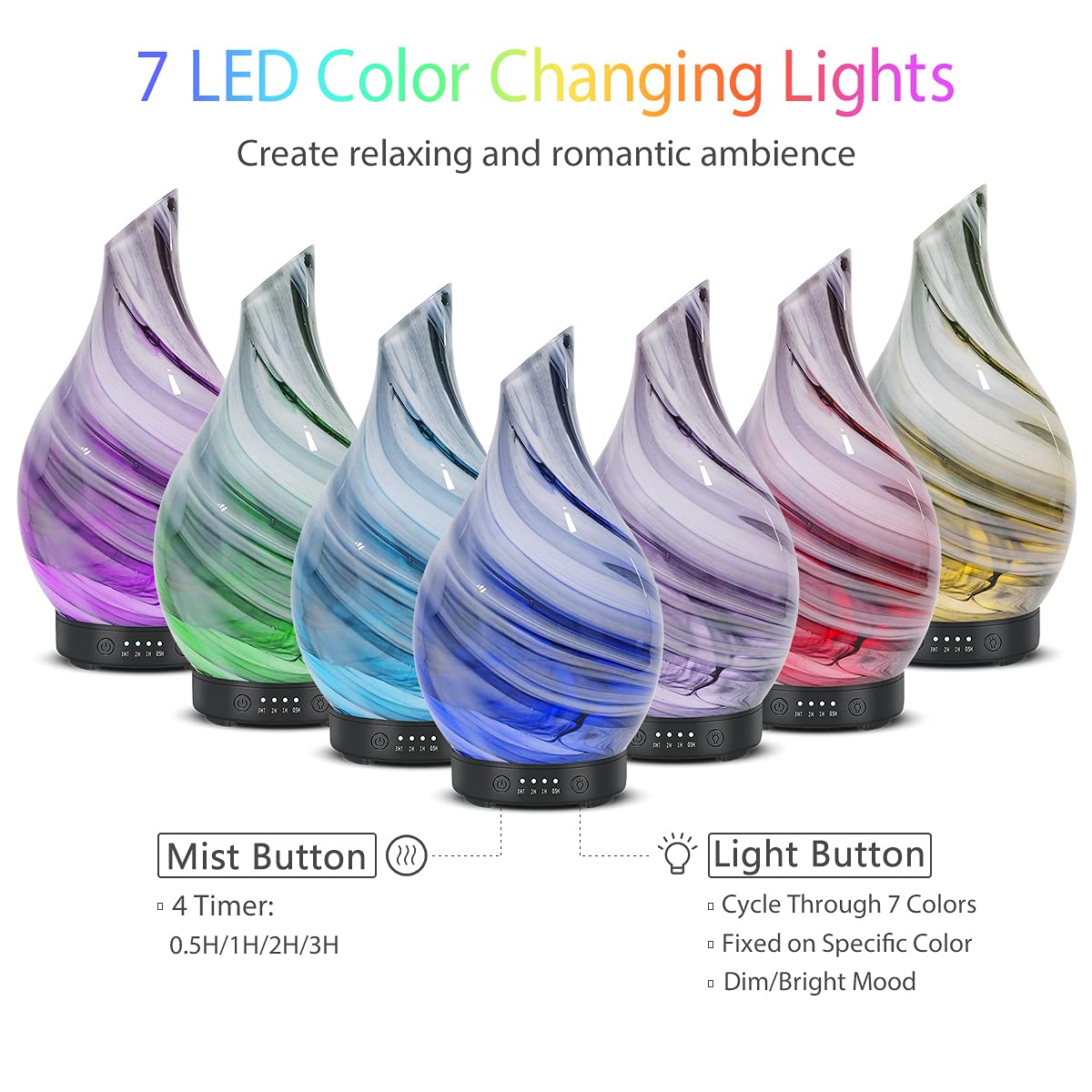Essential Oil Diffuser 120ml Ultrasonic Aromatherapy Diffuser with Handmade Glass BPA Free Waterless Auto-Off, 4 Timer Setting 7 Colors Changed LED for Home Yoga Office - Image 4