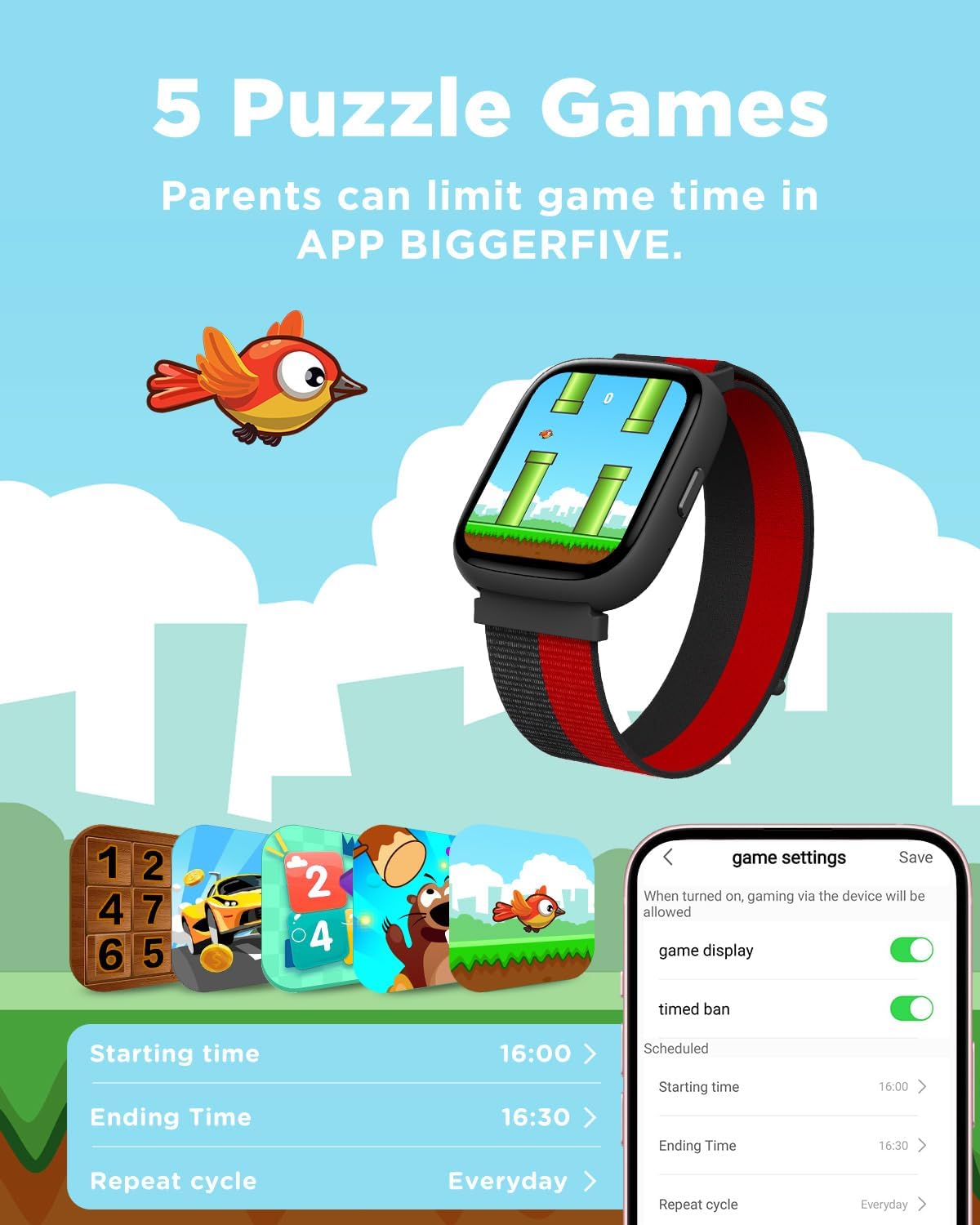 BIGGERFIVE Smart Watch for Kids, 1.8" Fitness Tracker Watch Pedometer, Heart Rate, IP68 Waterproof, Sleep Monitor, Calorie Step Counter, Puzzle Game with/Without APP for Girls Boys Teens 5-16, Nylon - Image 7
