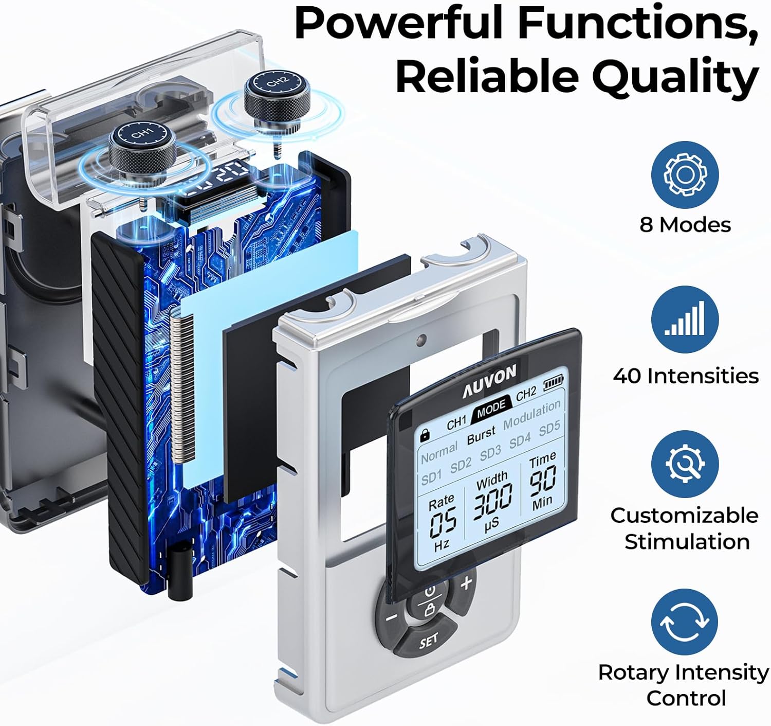 AUVON Rechargeable Digital TENS Unit Muscle Stimulator with 600 mAh Battery, TENS Machine with 8 Customizable Modes, Electric Massager for Shoulder, Back Pain Relief, 6 TENS Pads, A Carry Case - Image 4