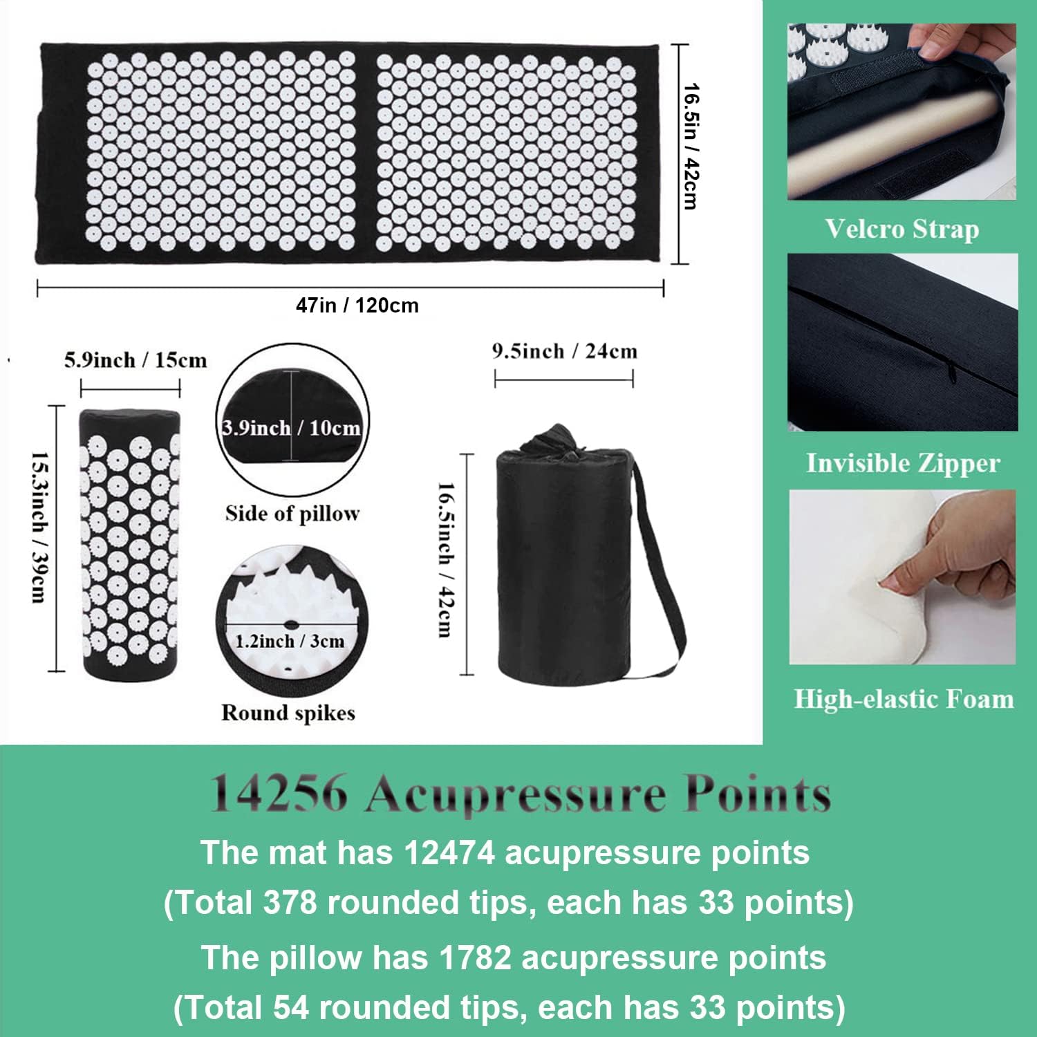 XiaoMaGe Acupressure Mat and Pillow Set with Bag - Extra Long Acupuncture Mat for Neck & Back Pain Relief- Naturally Relaxation Gift for Women - Stress Relief Massage Mat (Black) - Image 3