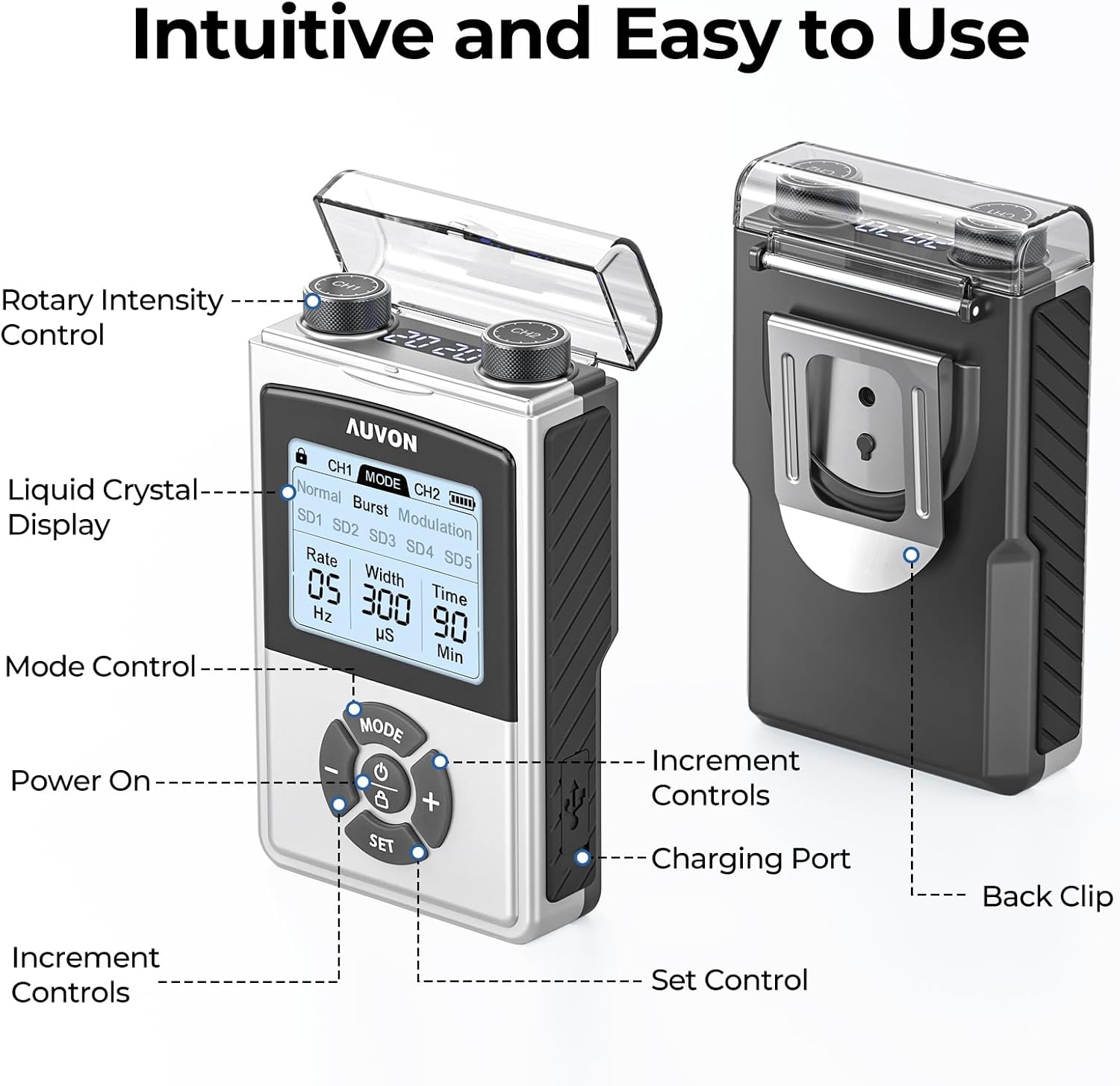AUVON Rechargeable Digital TENS Unit Muscle Stimulator with 600 mAh Battery, TENS Machine with 8 Customizable Modes, Electric Massager for Shoulder, Back Pain Relief, 6 TENS Pads, A Carry Case - Image 9