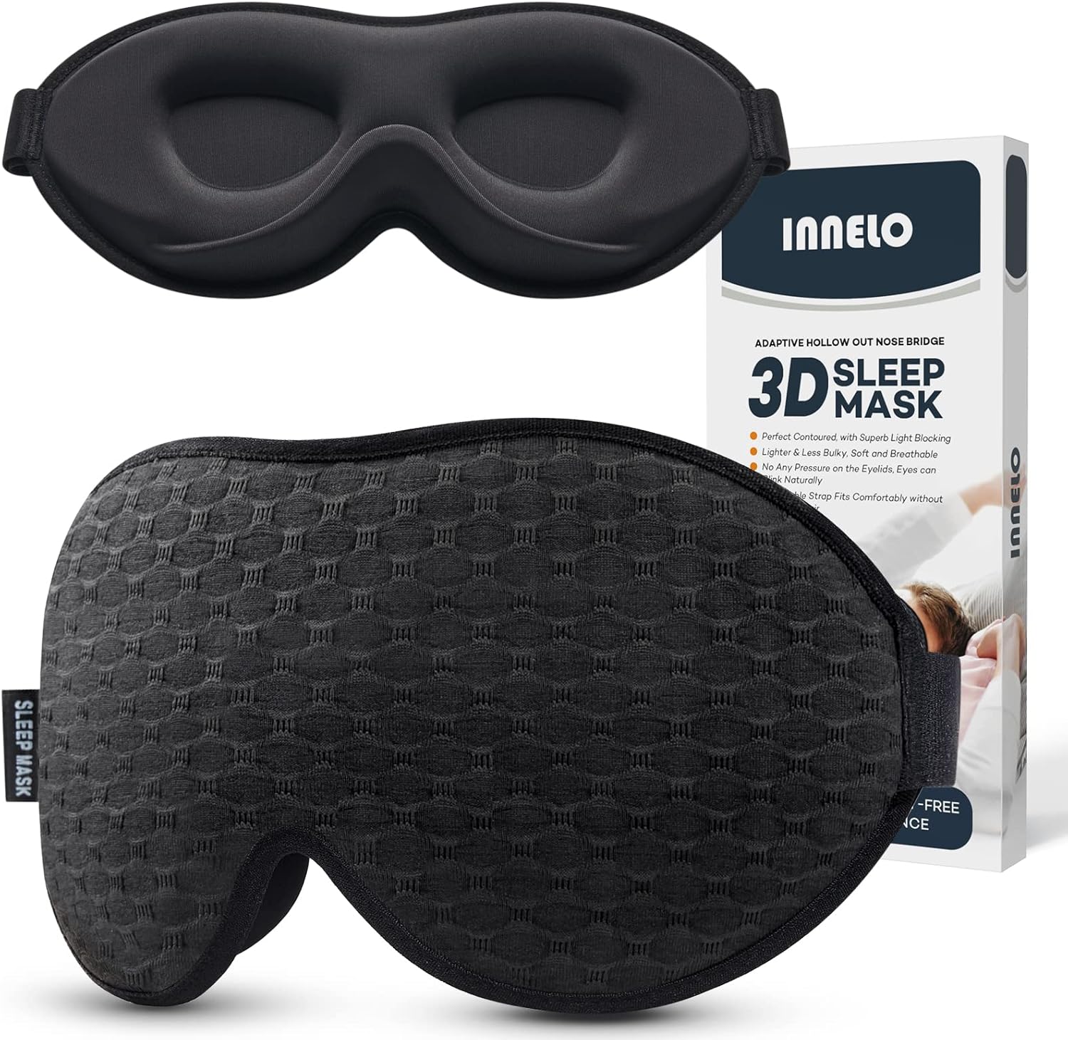 INNELO 3D Contoured Sleep Mask for Side Sleepers, 100% Light Blocking Sleeping Mask for Men & Women, Soft, No Pressure on Eyes, Airplane Blindfold for Travel, Night Eye Cover for Nap, Yoga, Black - Image 2