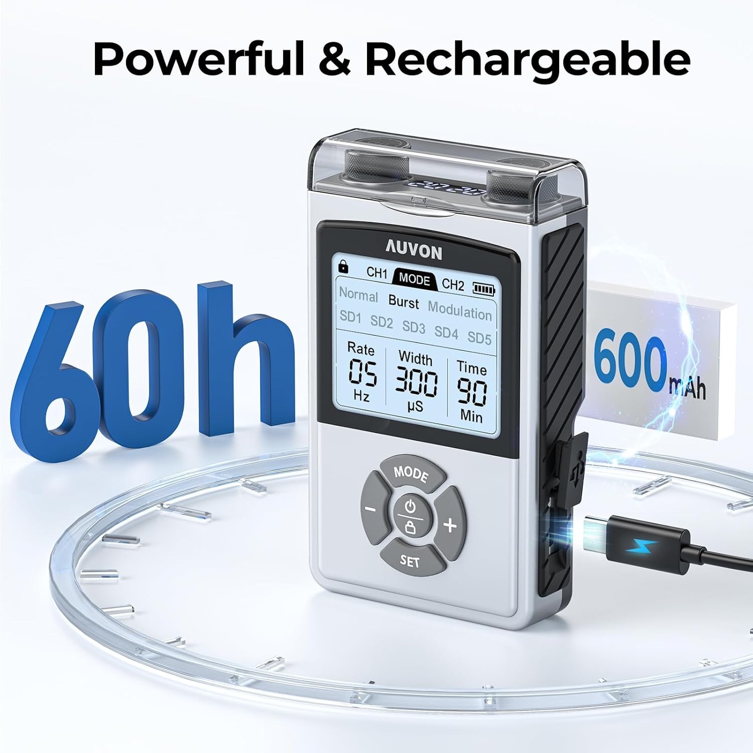 AUVON Rechargeable Digital TENS Unit Muscle Stimulator with 600 mAh Battery, TENS Machine with 8 Customizable Modes, Electric Massager for Shoulder, Back Pain Relief, 6 TENS Pads, A Carry Case - Image 6