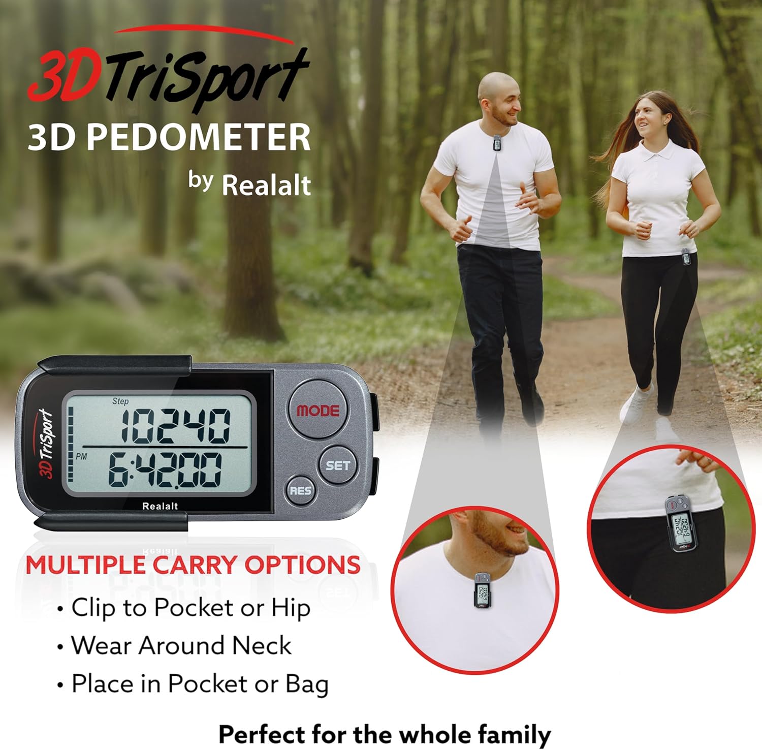 Realalt 3DTriSport Walking 3D Pedometer with Clip & Strap, eBook Included 30 Days Memory Accurate Step Counter, Walking Distance Miles/Km, Calorie Counter, Daily Exercise Time Monitor - Image 6