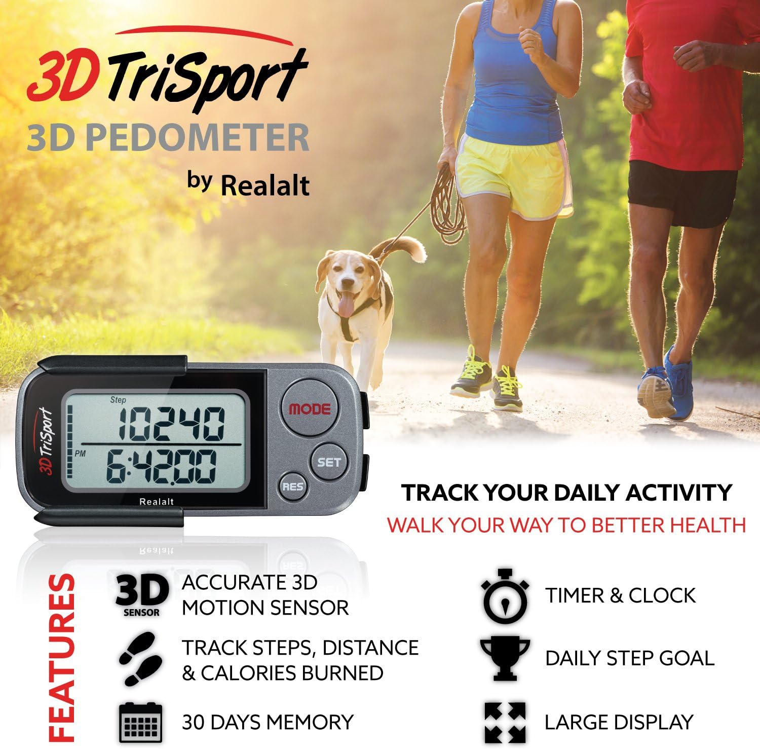 Realalt 3DTriSport Walking 3D Pedometer with Clip & Strap, eBook Included 30 Days Memory Accurate Step Counter, Walking Distance Miles/Km, Calorie Counter, Daily Exercise Time Monitor - Image 3
