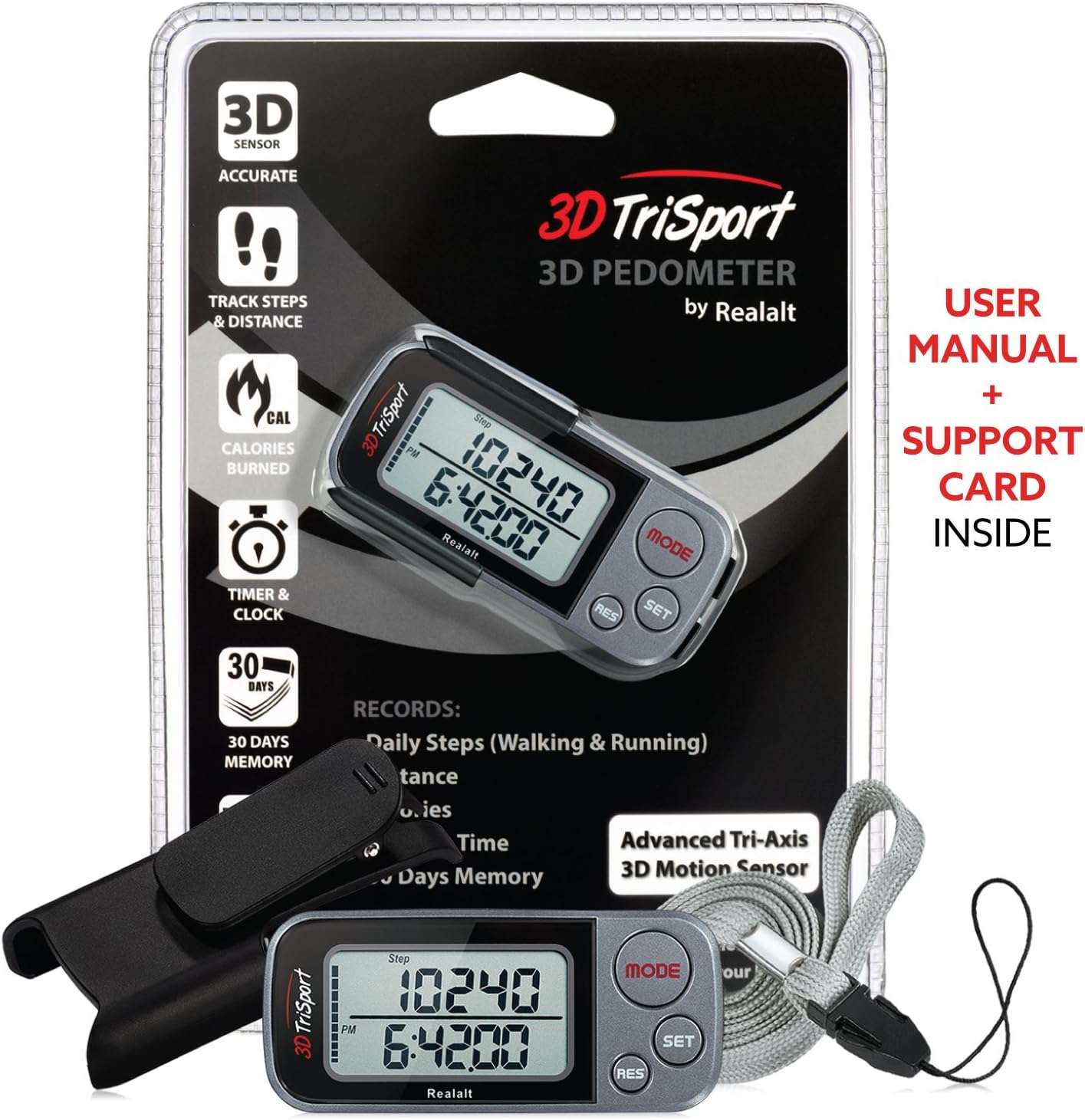 Realalt 3DTriSport Walking 3D Pedometer with Clip & Strap, eBook Included 30 Days Memory Accurate Step Counter, Walking Distance Miles/Km, Calorie Counter, Daily Exercise Time Monitor - Image 8