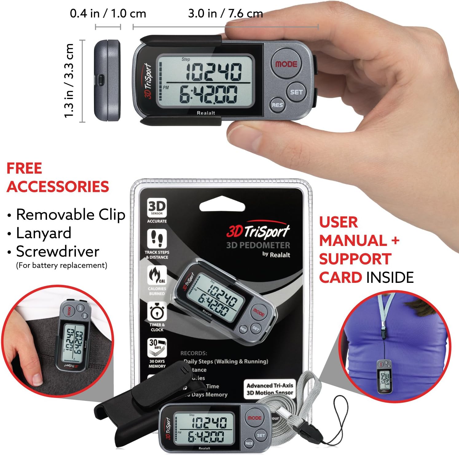 Realalt 3DTriSport Walking 3D Pedometer with Clip & Strap, eBook Included 30 Days Memory Accurate Step Counter, Walking Distance Miles/Km, Calorie Counter, Daily Exercise Time Monitor - Image 5