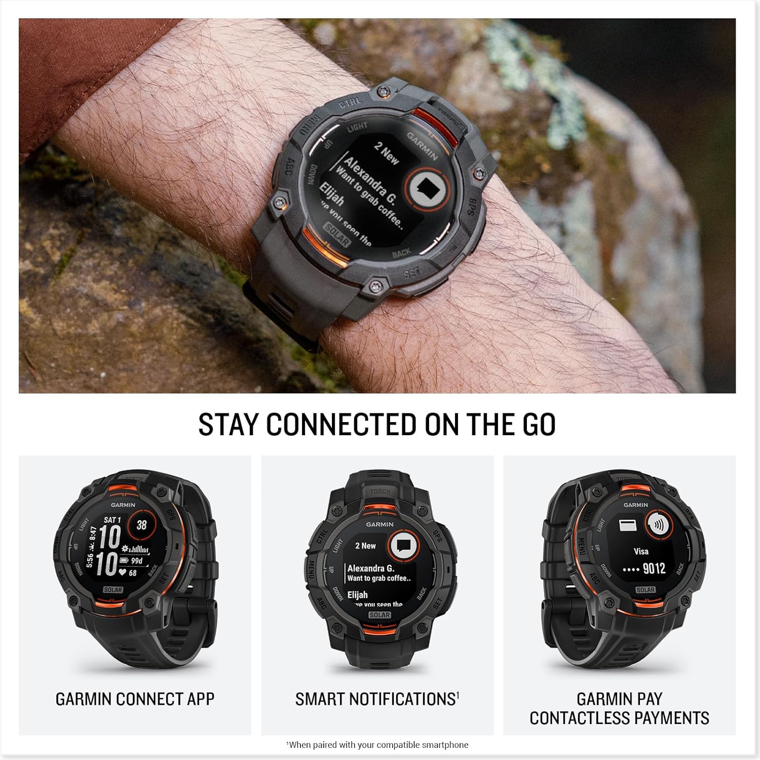Garmin Instinct® 3 45mm, Solar Charged Display, Rugged Outdoor GPS Smartwatch, Metal-Reinforced Bezel, Built-in Flashlight, Black - Image 5