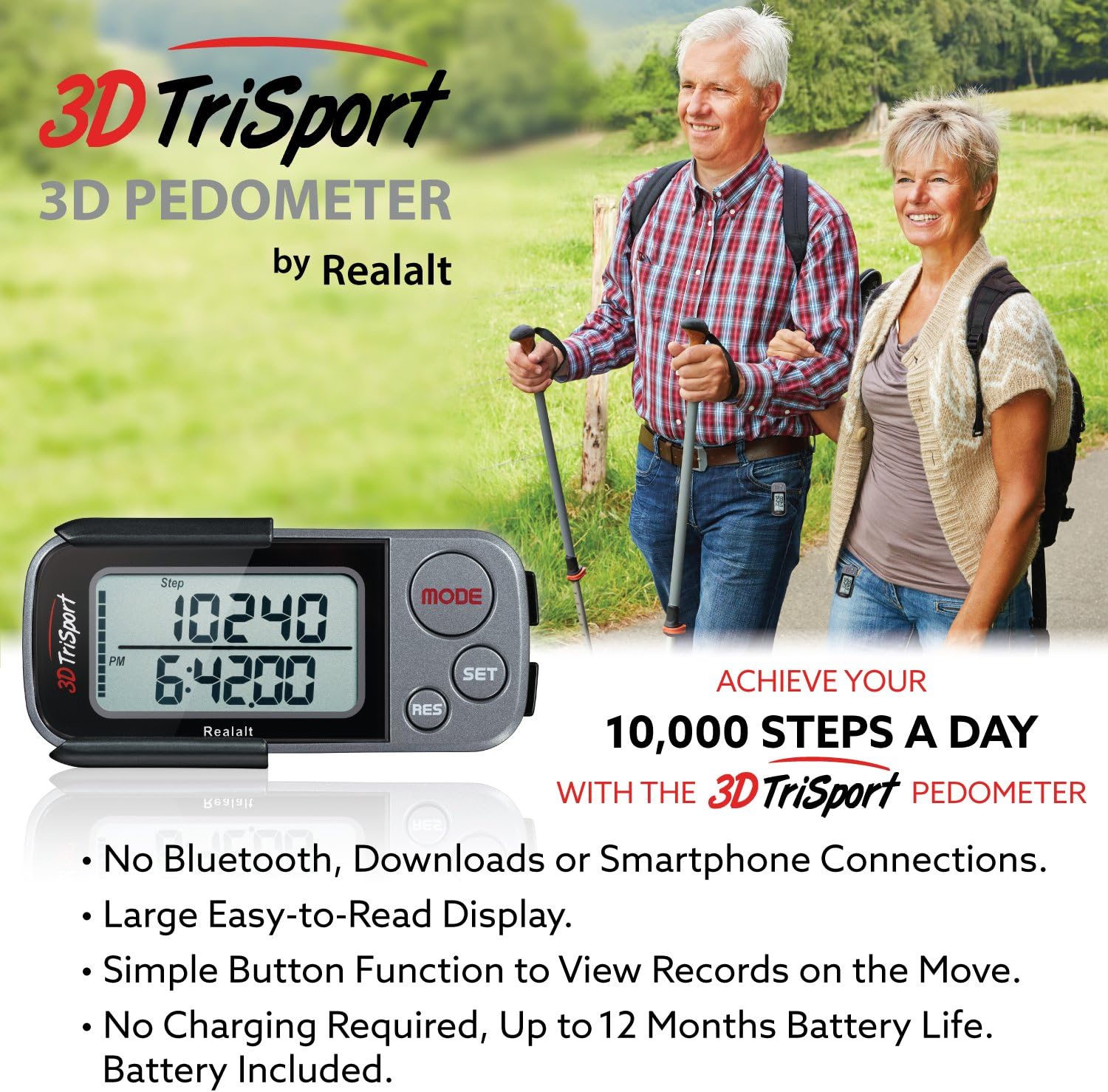 Realalt 3DTriSport Walking 3D Pedometer with Clip & Strap, eBook Included 30 Days Memory Accurate Step Counter, Walking Distance Miles/Km, Calorie Counter, Daily Exercise Time Monitor - Image 7